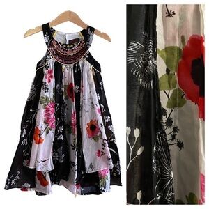 Catimini Black White Colorful Floral Print Embroidered Dress